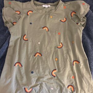 Olive Green T-Shirt with Rainbow Embroidery